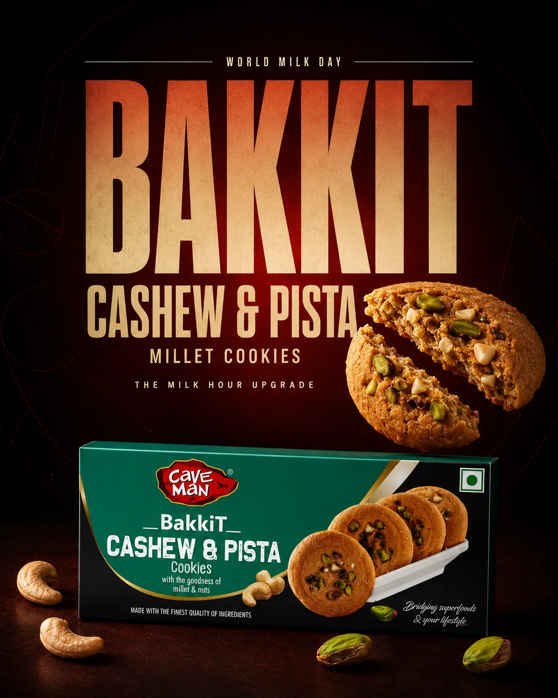 BAKKIT millet-cookie campaign creative produced for Cave Man Foods